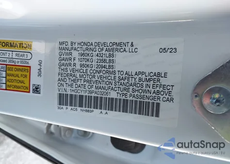 2023 Honda Accord Ex из США, поврежденный, VIN 1HGCY1F39PA032061